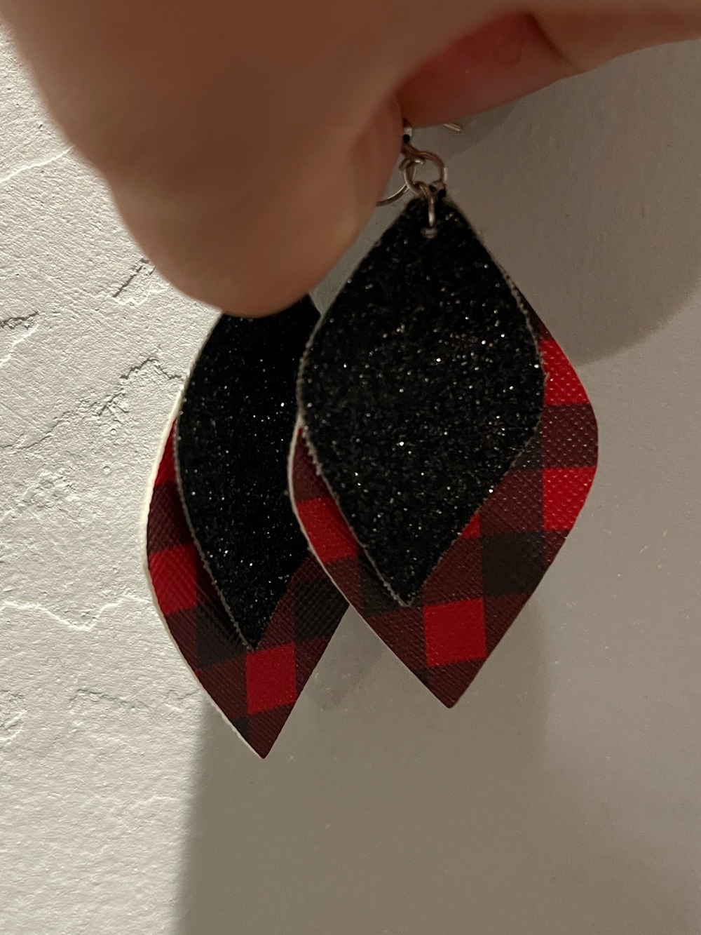 Stylish Buffalo Plaid & Black Glitter Leaf Drop Earrings- Faux Leather Christmas